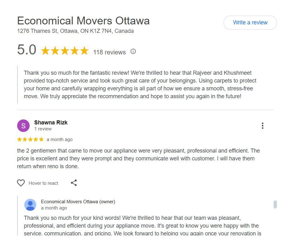 Economical Movers Ottawa google reviews