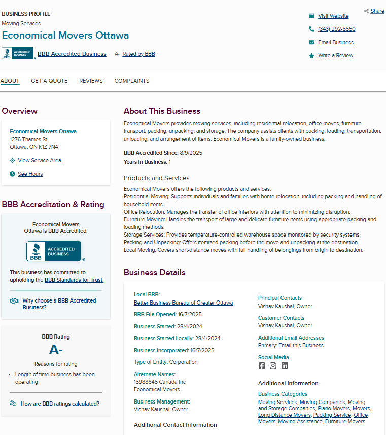 Economical Movers BBB Accredited