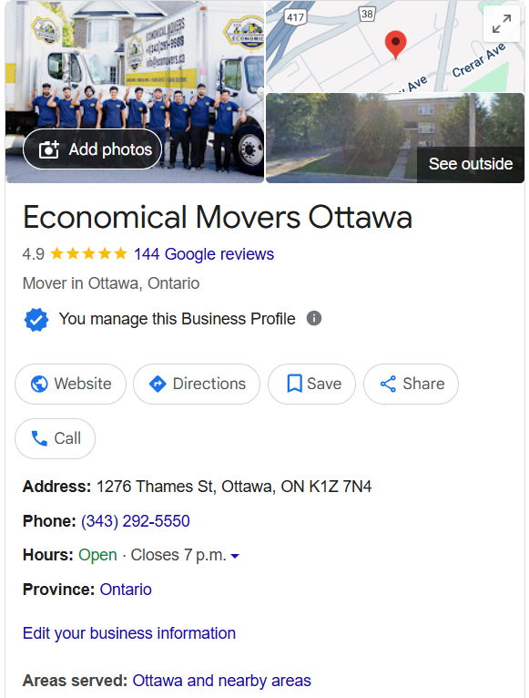 Economical Movers GMB profile