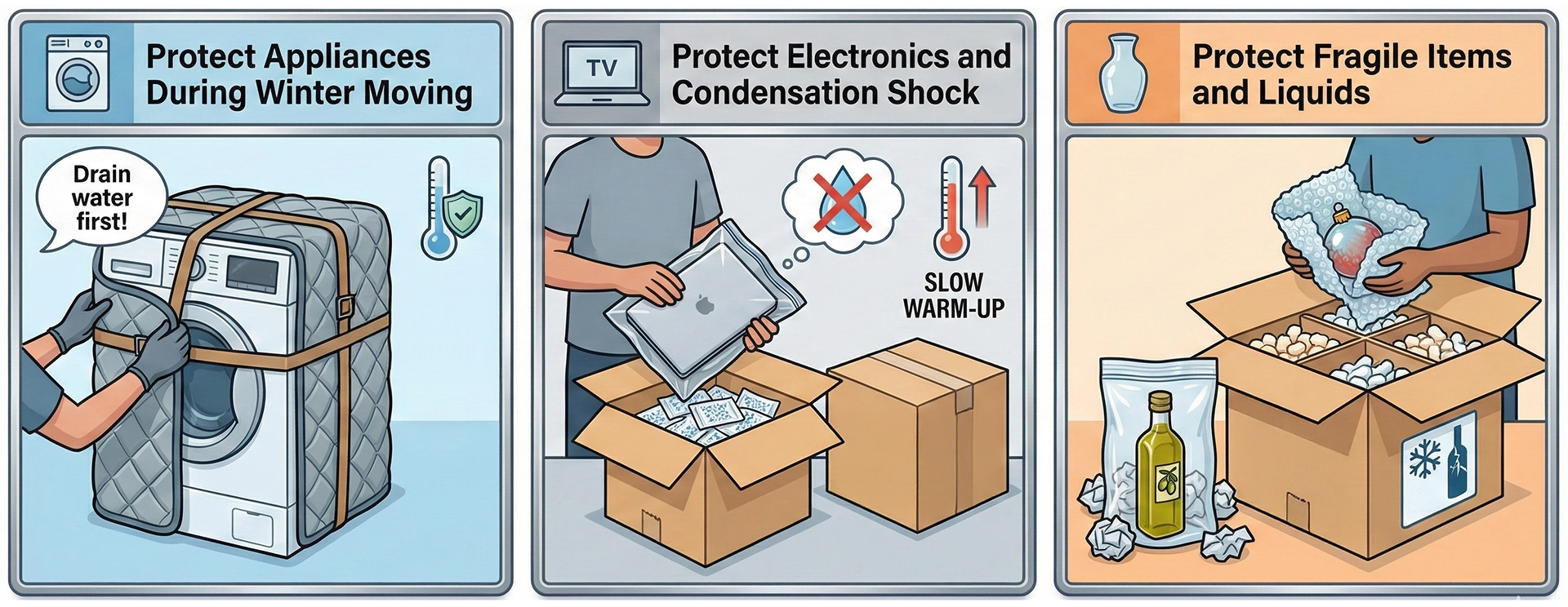 The image shows the Advanced packing techniques to protect household items from cold damage during holiday winter moving in Canada.