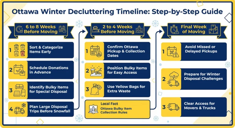 Infographic titled "Ottawa Winter Decluttering Timeline: Step-by-Step Guide" organized into three phases: 6–8 weeks before moving (sorting and identifying bulky items), 2–4 weeks before (confirming Ottawa collection dates and using yellow bags), and the final week of moving (avoiding missed pickups and clearing pathways for movers).