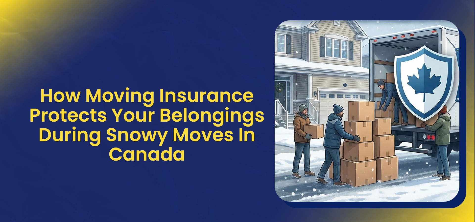 Title graphic featuring the text 'How Moving Insurance Protects Your Belongings During Snowy Moves In Canada' on a dark blue background. To the right, an illustration shows three movers in winter gear loading boxes into a truck outside a snow-covered home, overlaid with a shield icon containing a maple leaf.(Economical movers)