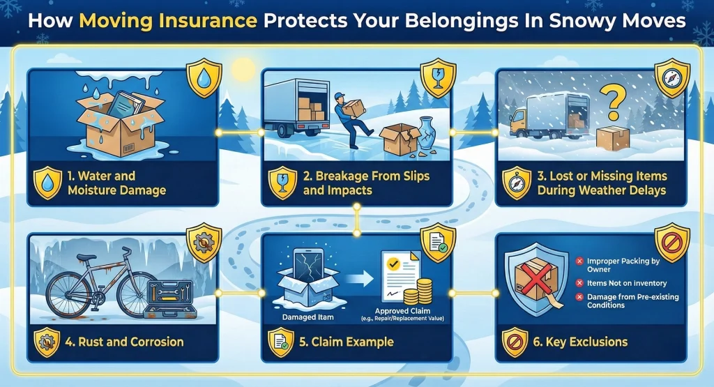 Infographic titled 'How Moving Insurance Protects Your Belongings In Snowy Moves' illustrating six key concepts: 1. Water and Moisture Damage showing a wet box; 2. Breakage From Slips and Impacts showing a mover slipping on ice; 3. Lost or Missing Items During Weather Delays; 4. Rust and Corrosion affecting a bike and tools; 5. A Claim Example showing a broken tablet and approved payout; and 6. Key Exclusions such as improper packing or items not on inventory. (Economical Movers Blog)