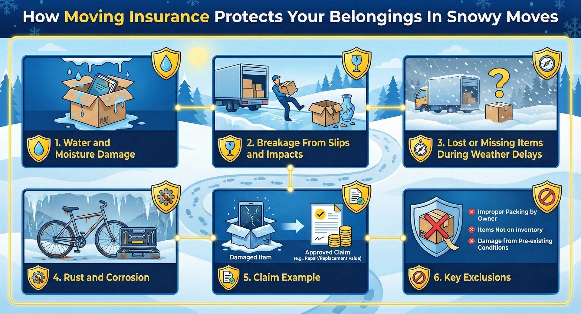 Infographic titled 'How Moving Insurance Protects Your Belongings In Snowy Moves' illustrating six key concepts: 1. Water and Moisture Damage showing a wet box; 2. Breakage From Slips and Impacts showing a mover slipping on ice; 3. Lost or Missing Items During Weather Delays; 4. Rust and Corrosion affecting a bike and tools; 5. A Claim Example showing a broken tablet and approved payout; and 6. Key Exclusions such as improper packing or items not on inventory. (Economical Movers Blog)