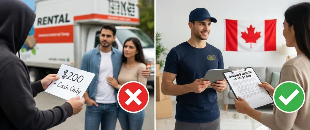 A side-by-side comparison of a "cash only" moving scam versus a uniformed professional mover providing a formal binding quote in Canada.