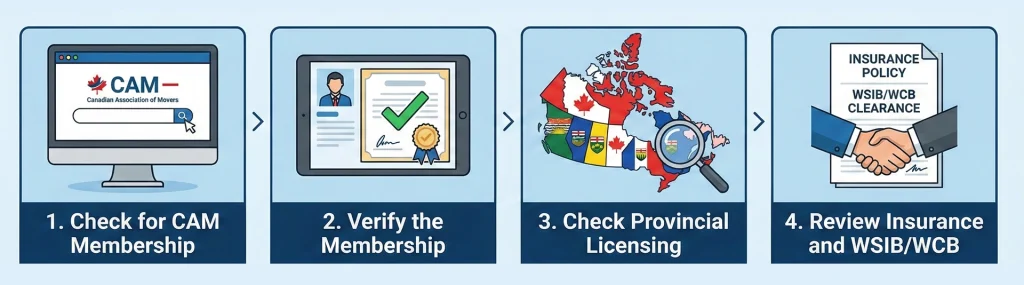 A four-step infographic on verifying a Canadian mover, including checking CAM membership, provincial licensing, and insurance/WSIB clearance.