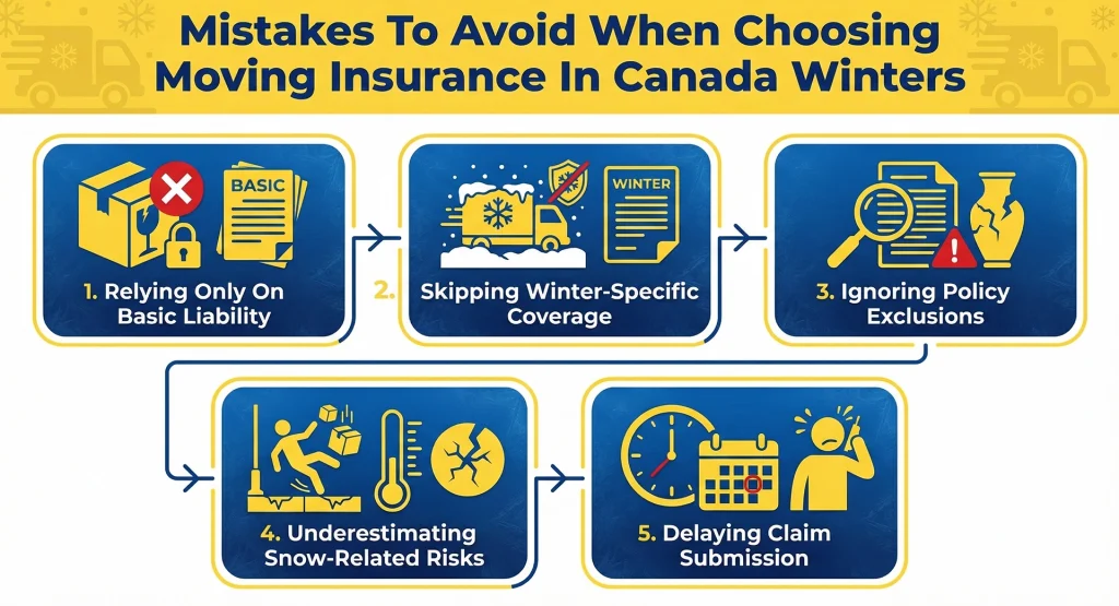 Flowchart titled 'Mistakes To Avoid When Choosing Moving Insurance In Canada Winters' displaying five common errors: 1. Relying Only On Basic Liability; 2. Skipping Winter-Specific Coverage; 3. Ignoring Policy Exclusions; 4. Underestimating Snow-Related Risks like slipping hazards and low temperatures; and 5. Delaying Claim Submission.(Economical Movers)
