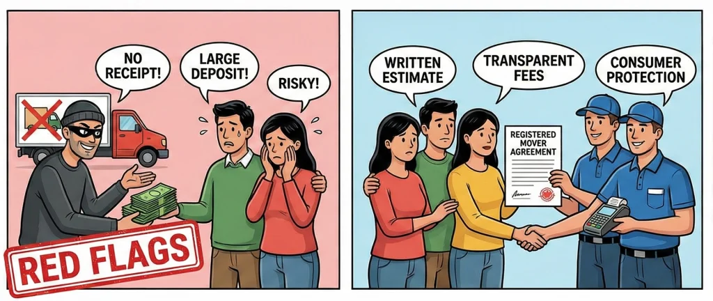 A cartoon comparison of a "red flag" moving scam with a large deposit and no receipt versus a professional mover providing a transparent Registered Mover Agreement.