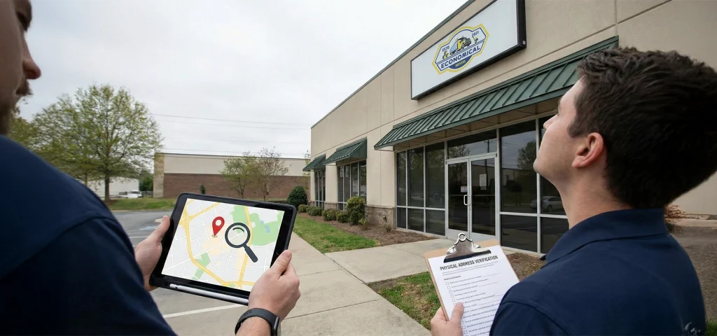 Professional Economical Movers staff in uniform with a tablet and clipboard outside their official office building, demonstrating legitimacy.