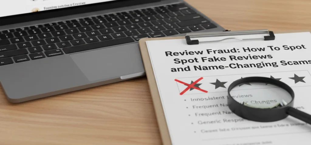 A clipboard with a guide on "How To Spot Fake Reviews and Name-Changing Scams" next to a laptop.