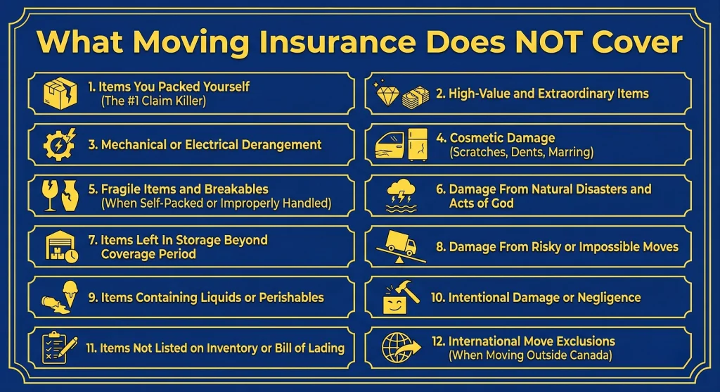 An infographic titled "What Moving Insurance Does NOT Cover" listing 12 common exclusions, including items packed by yourself, high-value items, cosmetic damage, and mechanical derangement.