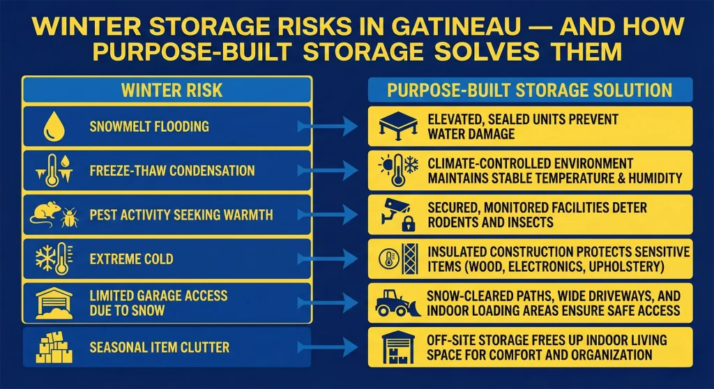 A comparison chart titled "Winter Storage Risks in Gatineau — And How Purpose-Built Storage Solves Them," listing solutions like climate control for condensation and insulated construction for extreme cold.