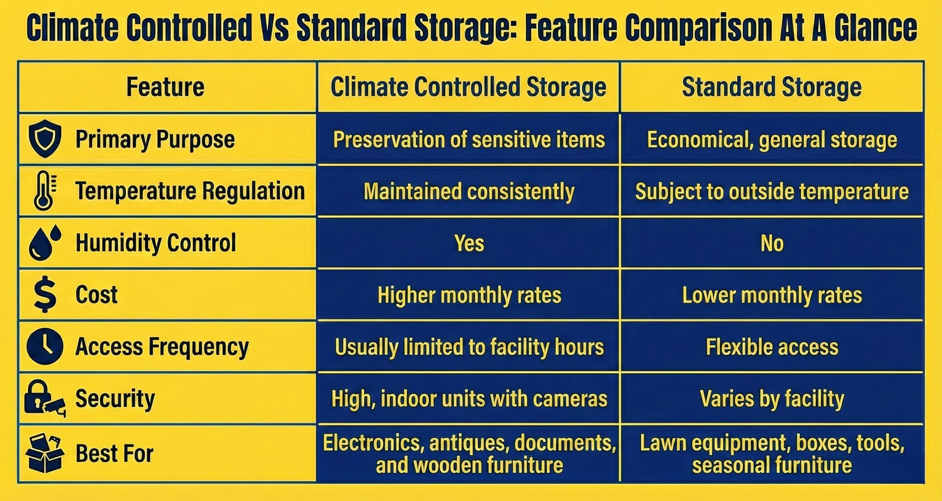 Feature comparison table between climate controlled and standard storage, highlighting differences in temperature regulation, humidity control, and security features.