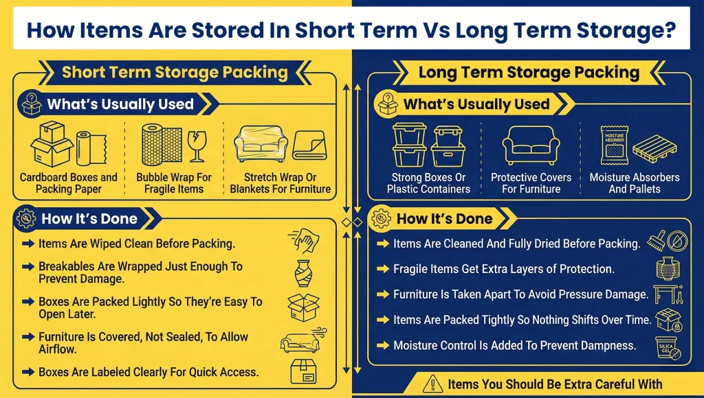 Detailed diagram showing how items are stored in short term versus long term storage, highlighting use of moisture absorbers, pallets, and heavy duty packing for long term protection.