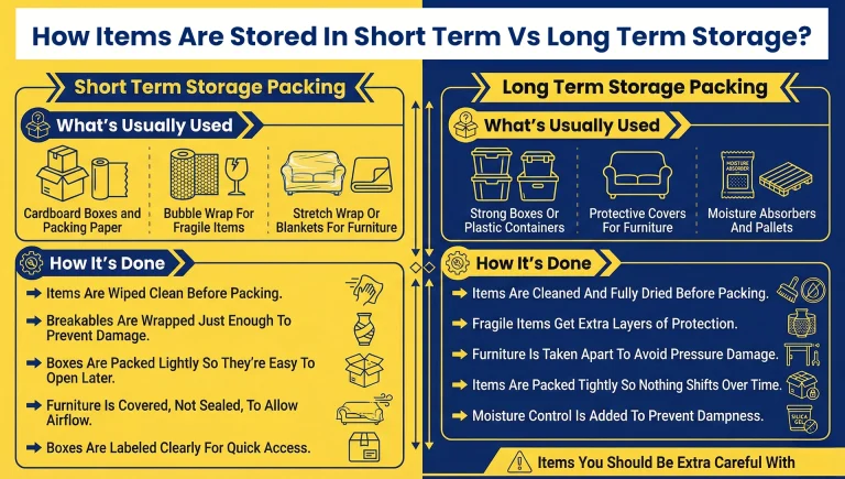 Detailed diagram showing how items are stored in short term versus long term storage, highlighting use of moisture absorbers, pallets, and heavy duty packing for long term protection.