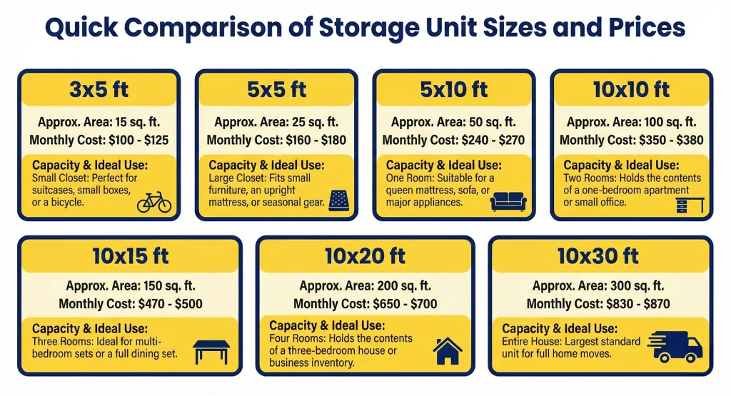 Storage unit size and price comparison chart ranging from 3x5 ft small closets to 10x30 ft units suitable for an entire house move.