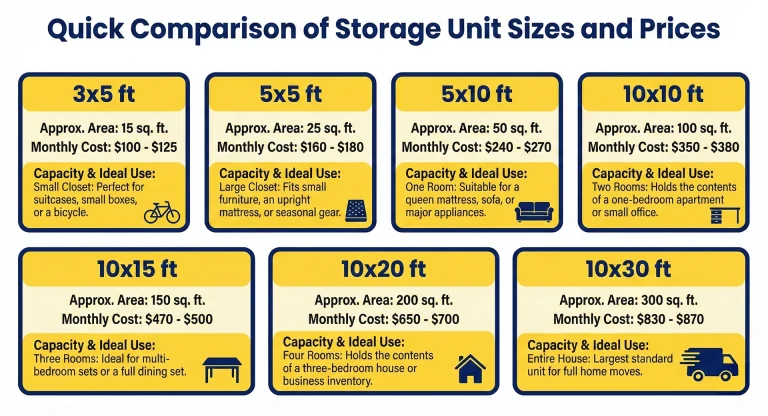 Storage unit size and price comparison chart ranging from 3x5 ft small closets to 10x30 ft units suitable for an entire house move.