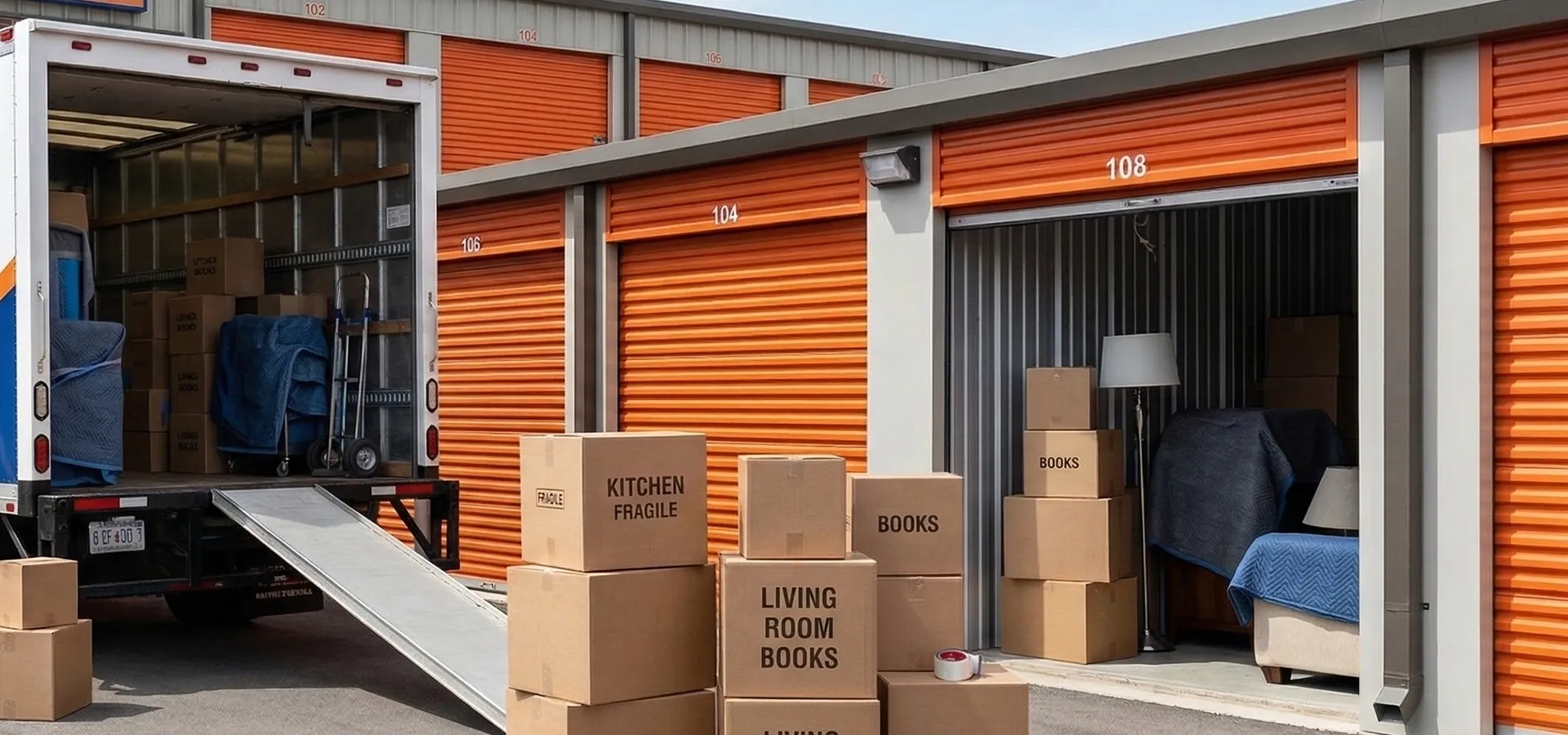 A moving truck being loaded next to outdoor storage units. Represents professional career relocation services with labeled boxes ready for a long-distance transition.