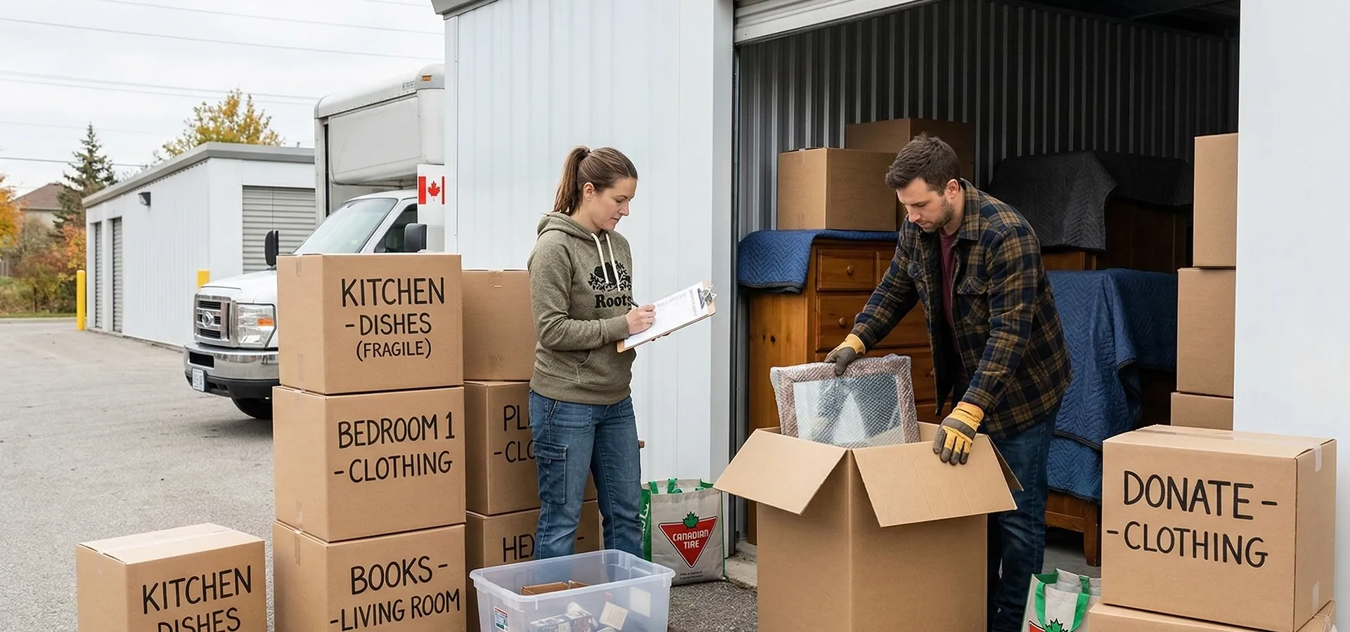 A Canadian couple organizing a storage unit during a major life change. Boxes are clearly labeled for kitchen, bedroom, and donations, featuring an Economical Movers truck in the background.