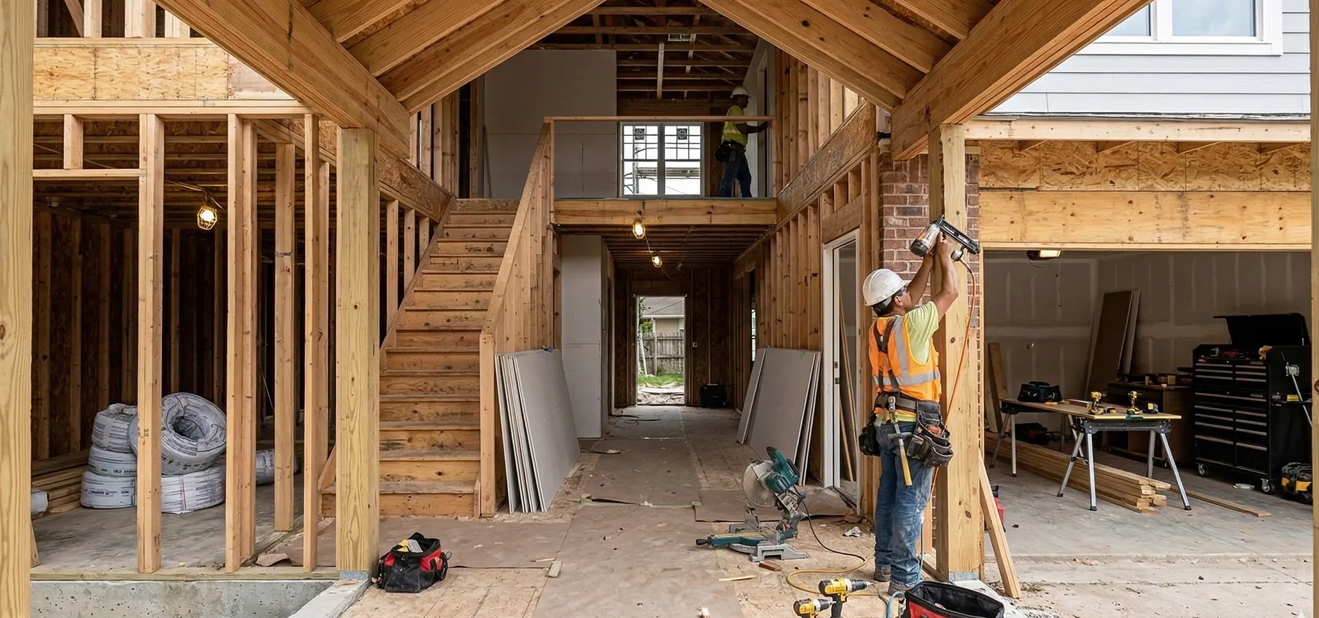 Residential construction site showing home framing and workers. Ideal for content discussing using temporary storage solutions during a major home renovation or house flip.