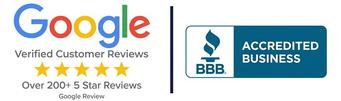 Gemini said Trust badges: A 5-star Google rating based on over 200 reviews and an official BBB Accredited Business seal, separated by a thin vertical line.