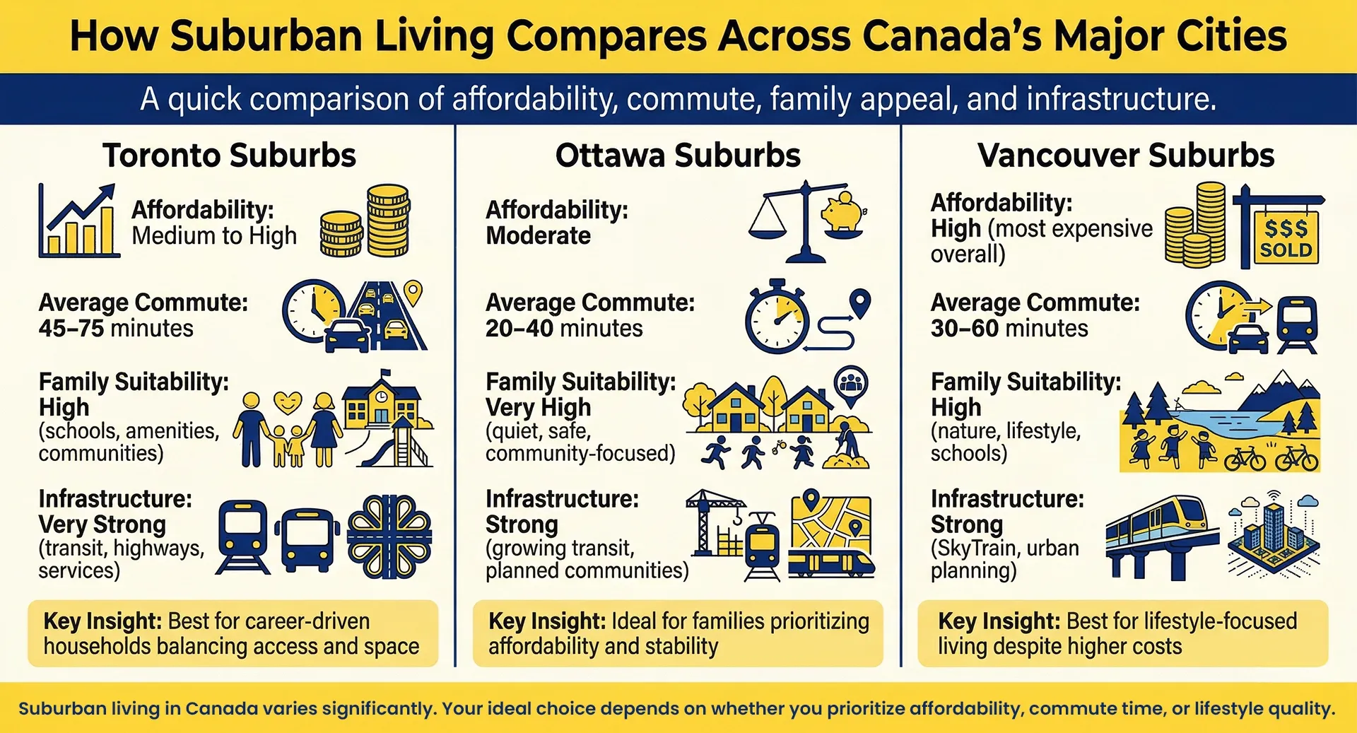 Comparison infographic of suburban living in Toronto, Ottawa, and Vancouver covering affordability, commute times, family suitability, and infrastructure.