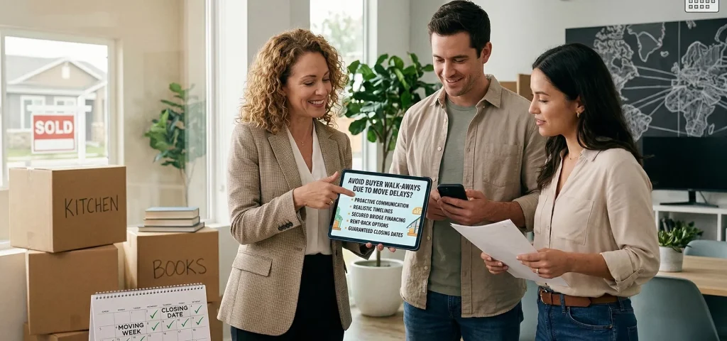 Real estate agent advising homebuyers on planning timelines to avoid delays during a home sale and move.