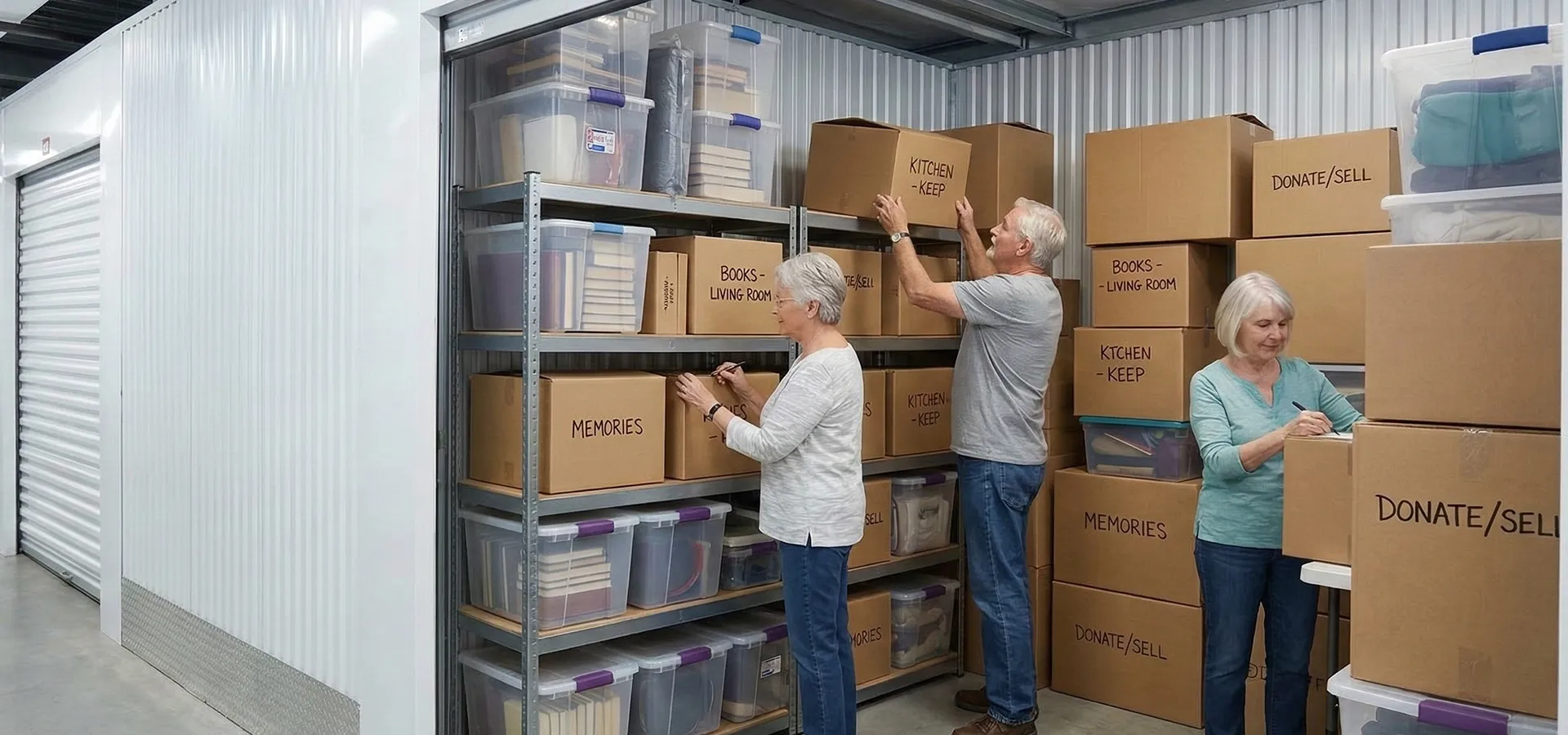 Senior couple organizedly packing a storage unit for retirement or downsizing. Features clear bins and labeled boxes for "memories" and "kitchen" to keep items safe and accessible.