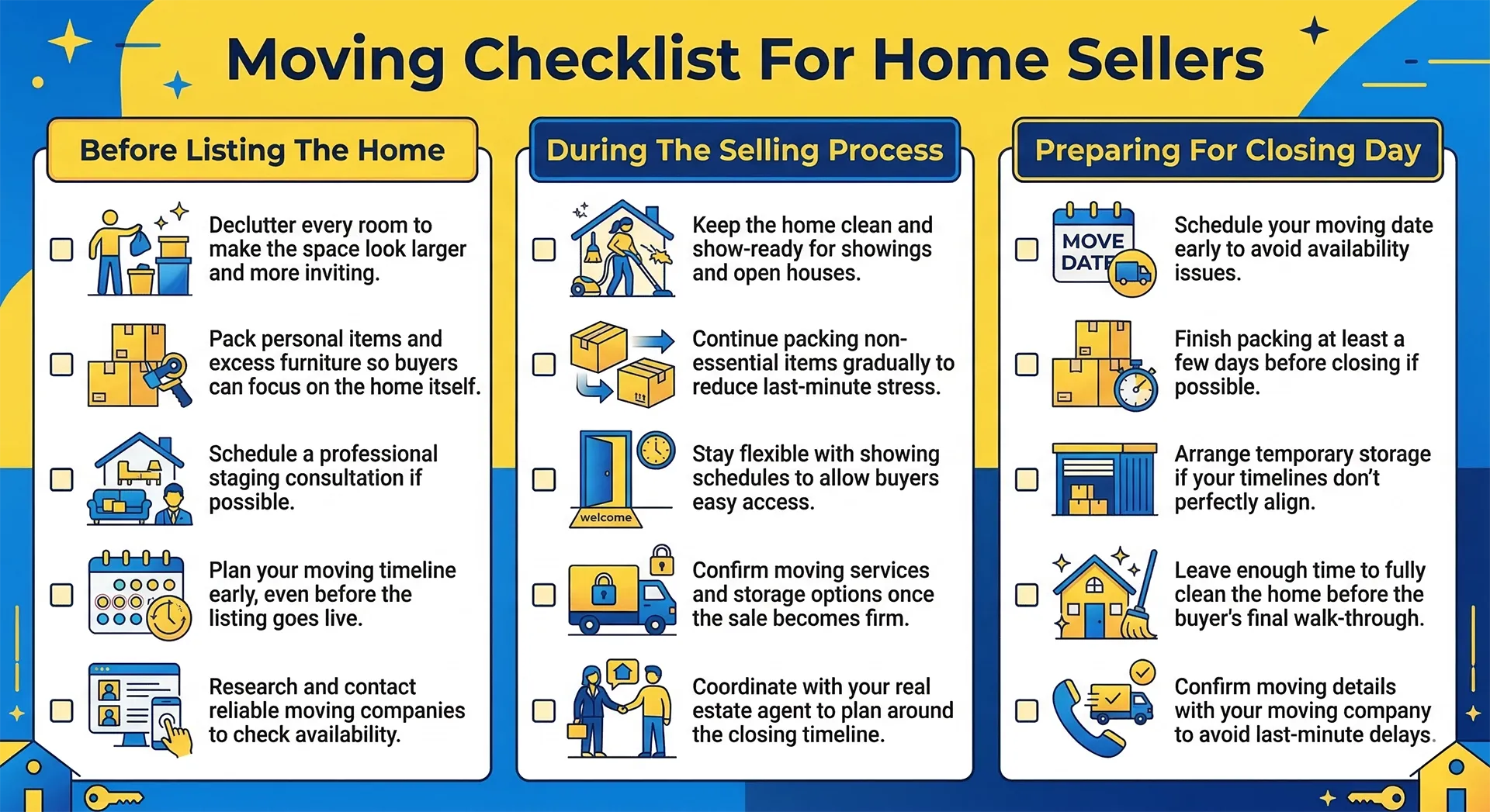 Infographic titled “Moving Checklist for Home Sellers” showing three columns of tasks: before listing the home, during the selling process, and preparing for closing day, including decluttering, packing, staging, scheduling movers, storage planning, and final home cleaning.