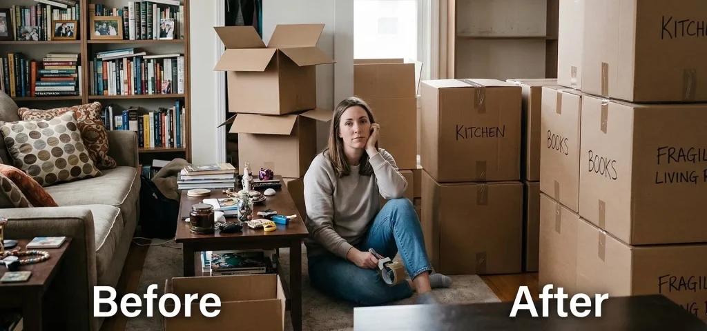 Homeowner sitting among packed moving boxes while preparing household items before staging and relocation.