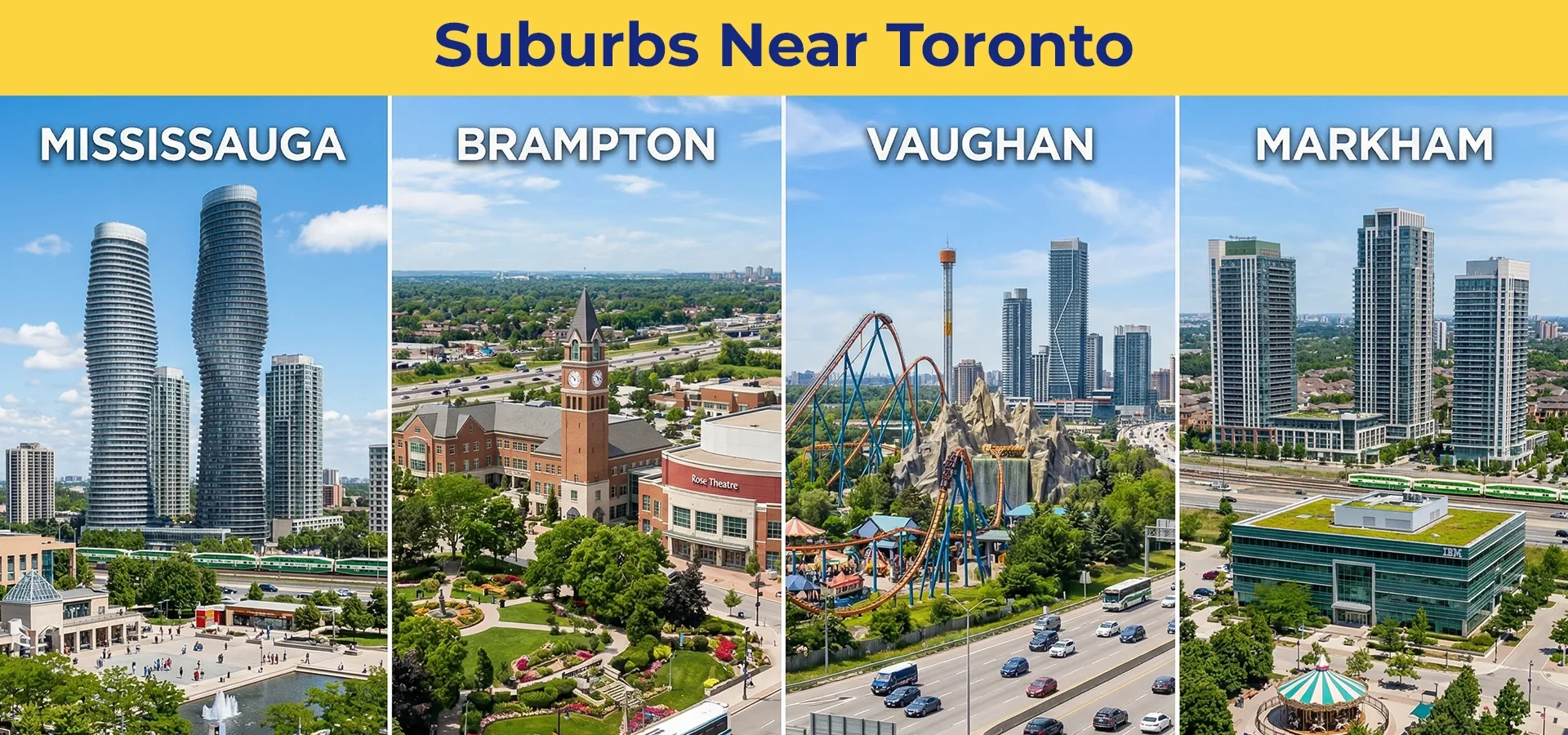 Infographic highlighting popular Toronto suburbs such as Mississauga, Brampton, Vaughan, and Markham with skyline and neighborhood visuals.