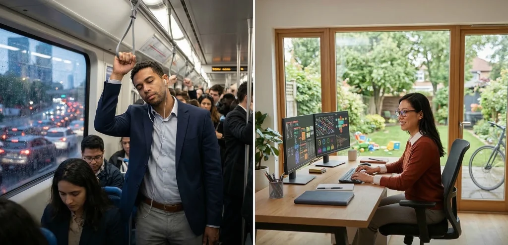 Comparison of crowded public transit commuting and comfortable remote work from a suburban home office
