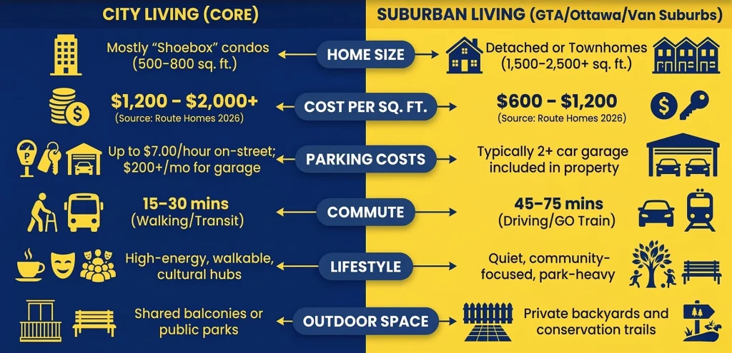 Side by side comparison chart of city living and suburban living costs lifestyle and commute differences in Canada