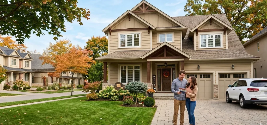 Couple standing outside their new suburban home after a successful property purchase and move.