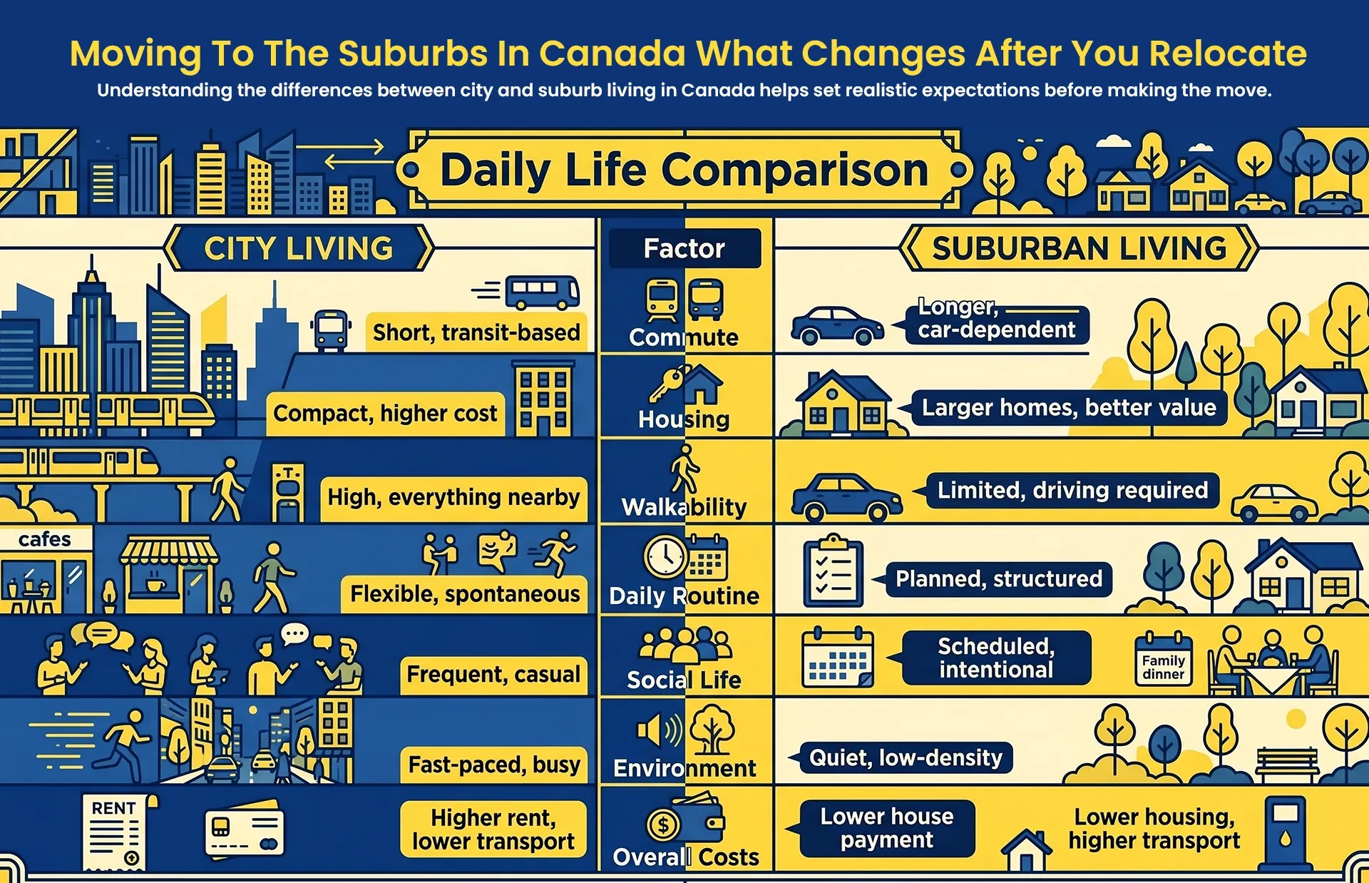 City vs suburban living in Canada comparison showing differences in commute, housing costs, walkability, lifestyle, social life, and overall expenses.