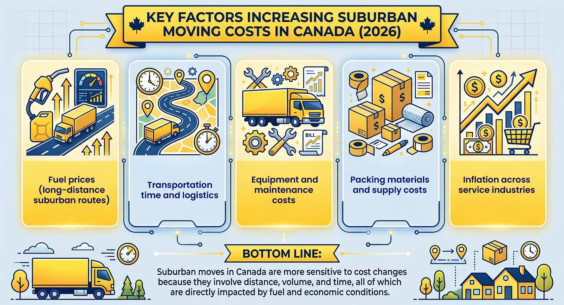 Infographic showing reasons for rising suburban moving costs in Canada such as fuel, packing materials, and equipment costs