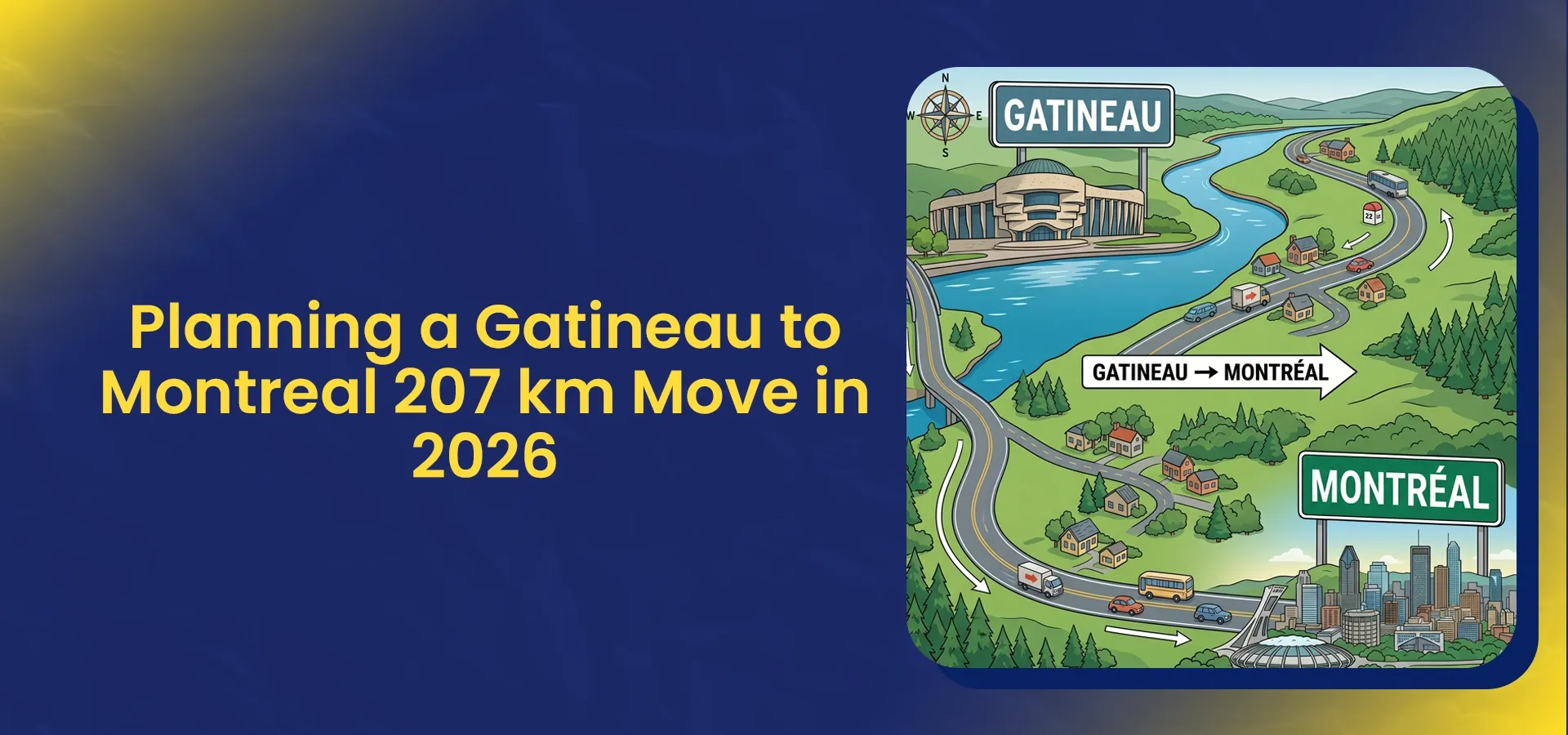 Illustration of a 207 km move from Gatineau to Montreal in 2026, showing route, city landmarks, and moving trucks traveling between the two cities.
