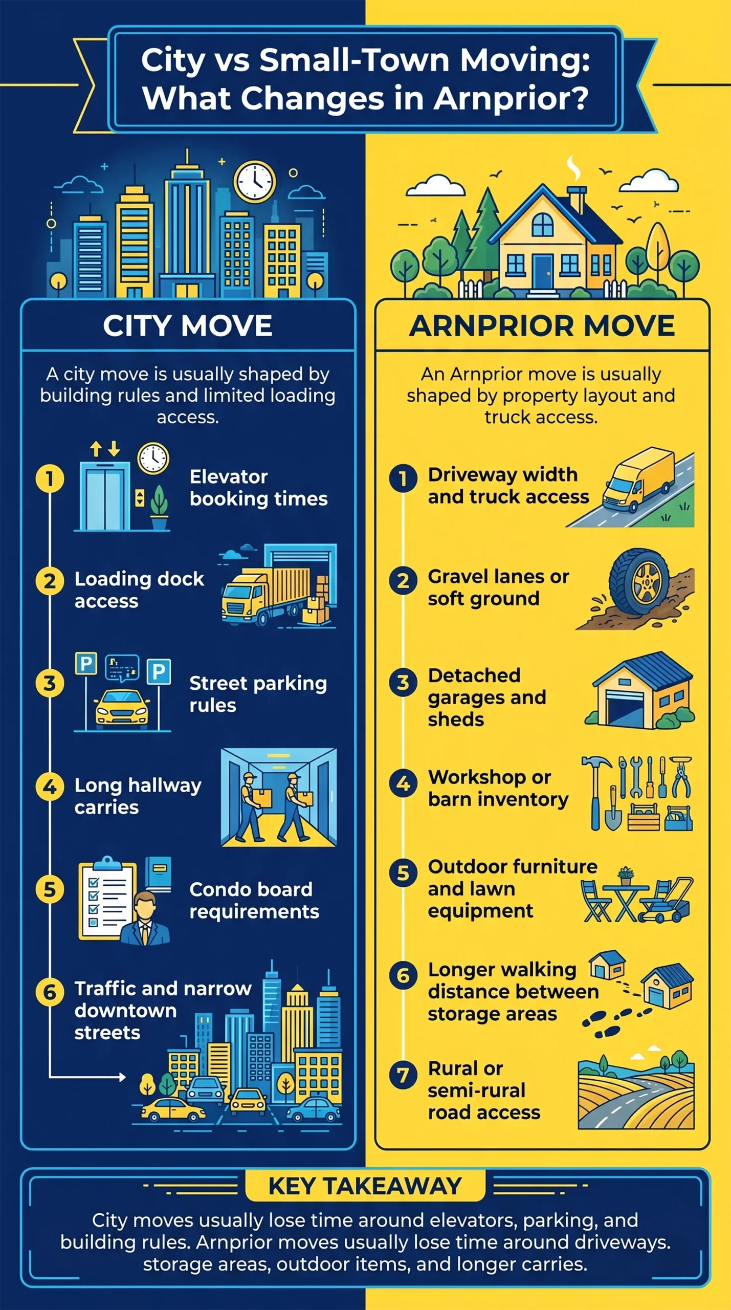 City versus small-town moving comparison highlighting unique Arnprior moving factors such as rural access roads, workshops, sheds, and longer carrying distances.