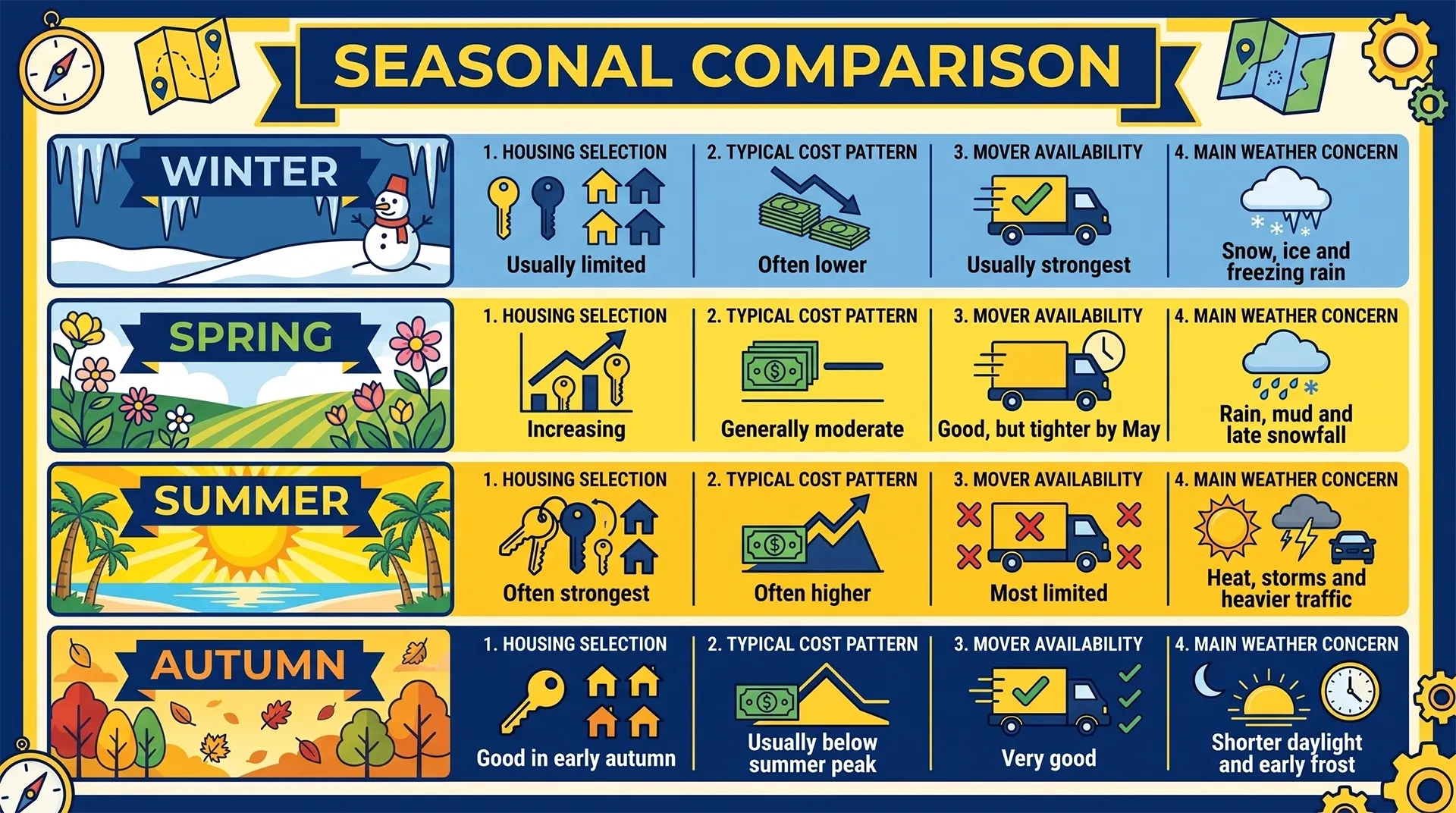 Gatineau moving calendar infographic comparing the advantages and challenges of moving during winter, spring, summer, and autumn.