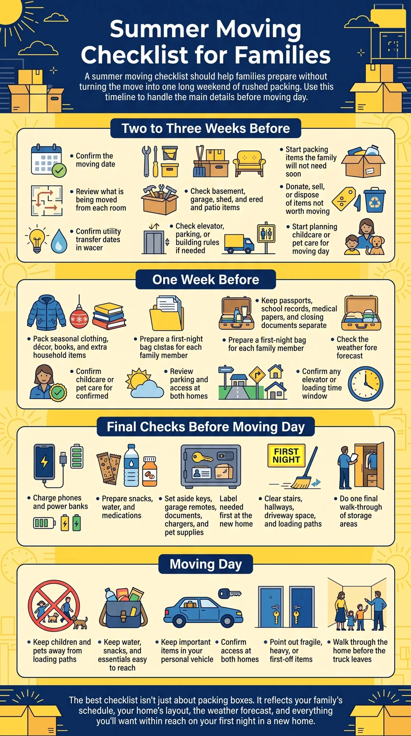 Summer moving checklist infographic for Ottawa and Gatineau families covering moving preparations two to three weeks before moving day, one week before, final checks, and moving day essentials.