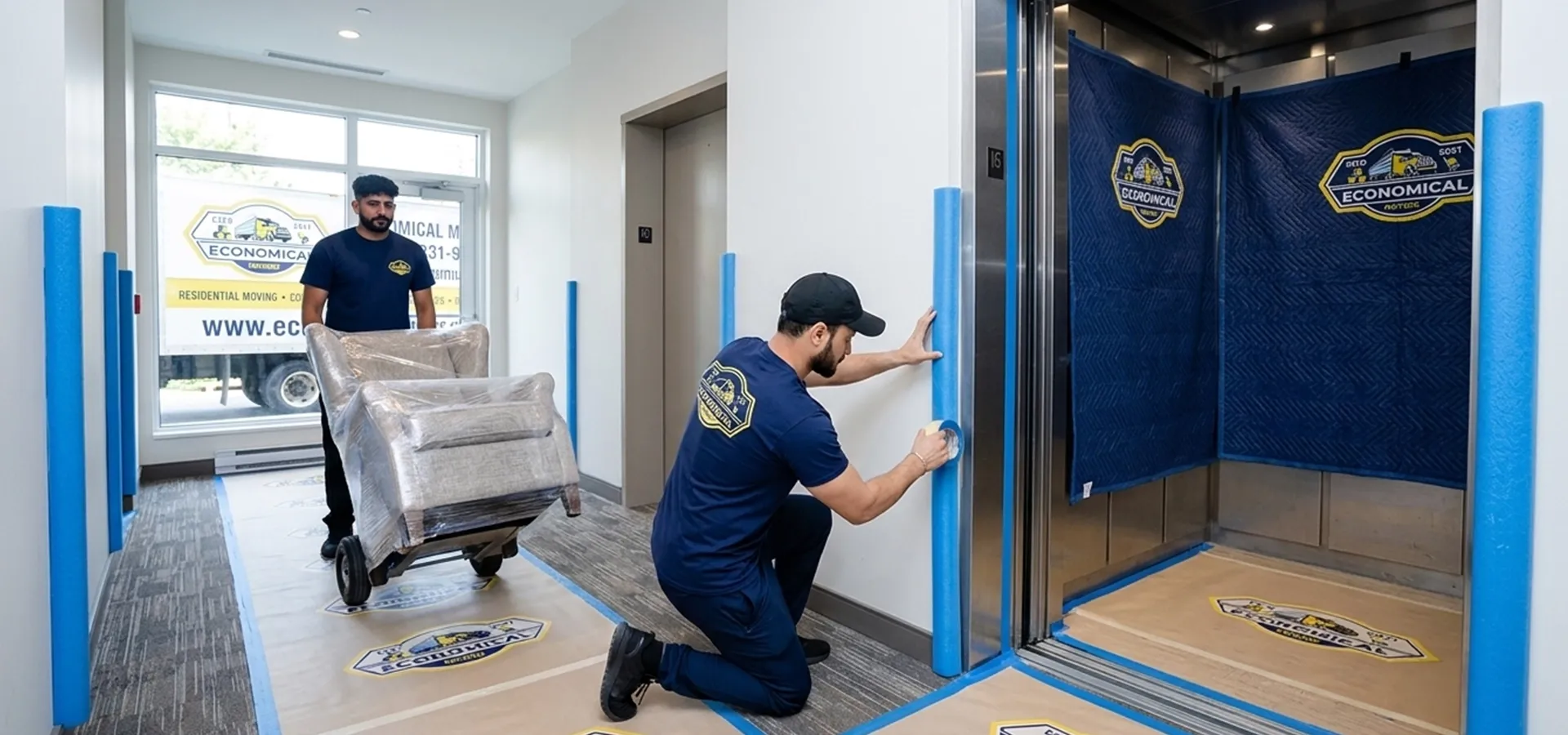 Movers protecting hallway walls and an elevator while moving furniture within the same building