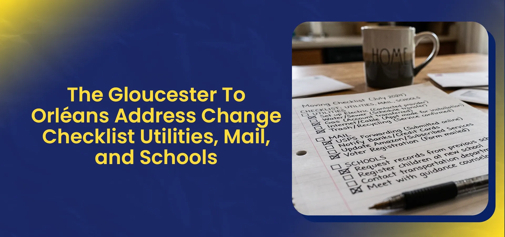 Address change checklist for moving from Gloucester to Orléans covering utility transfers, mail forwarding, school registration, internet setup, government records, banking, subscriptions, and essential move-related updates.