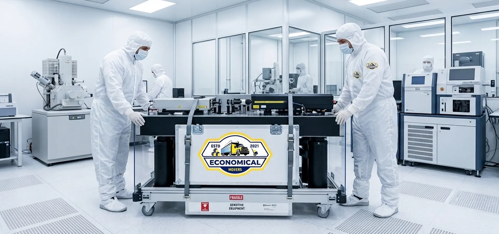 Economical Movers team carefully preparing sensitive laboratory equipment for transport