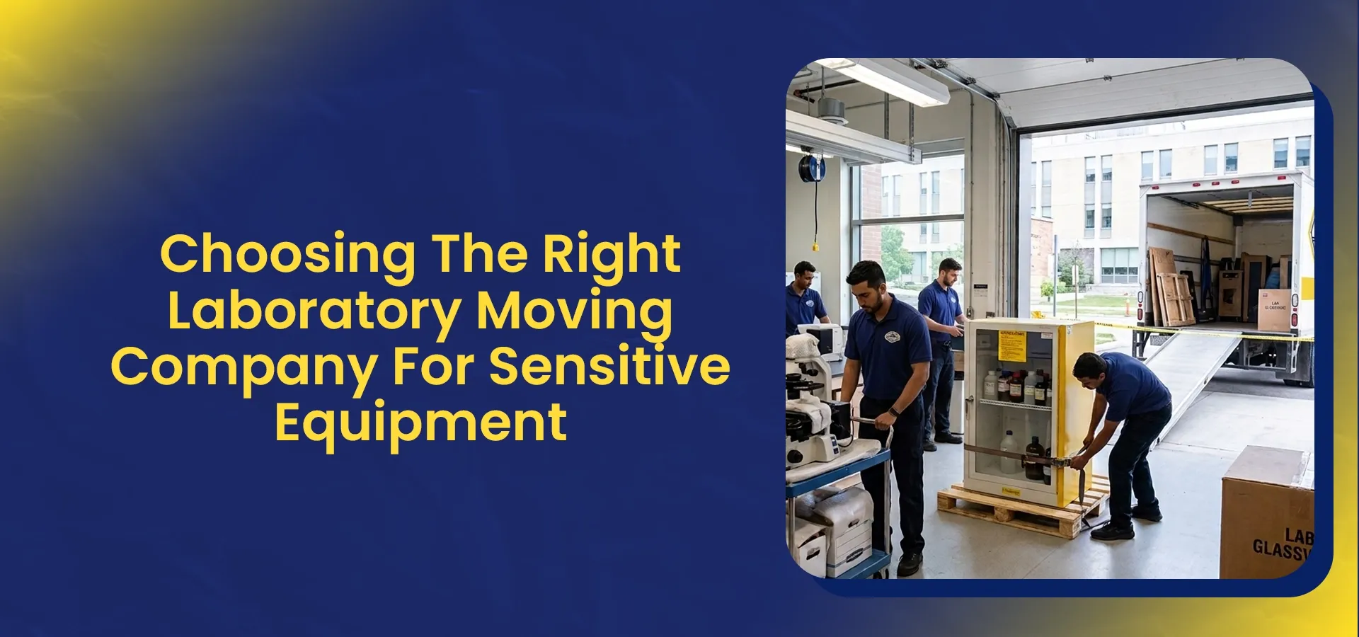 Laboratory moving professionals handling sensitive equipment in a clean laboratory environment