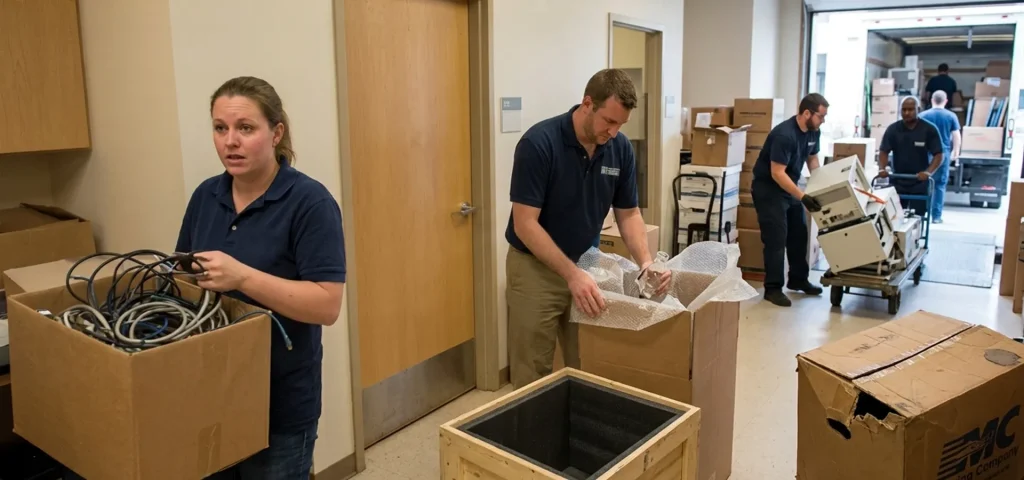 Medical moving crew packing cables and equipment to prevent damage and relocation delays.