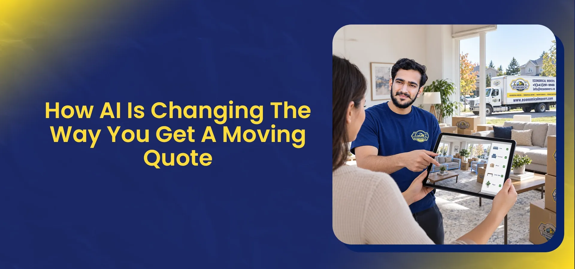 Mover reviewing a home inventory on a tablet with a customer to prepare an AI-assisted moving quote.