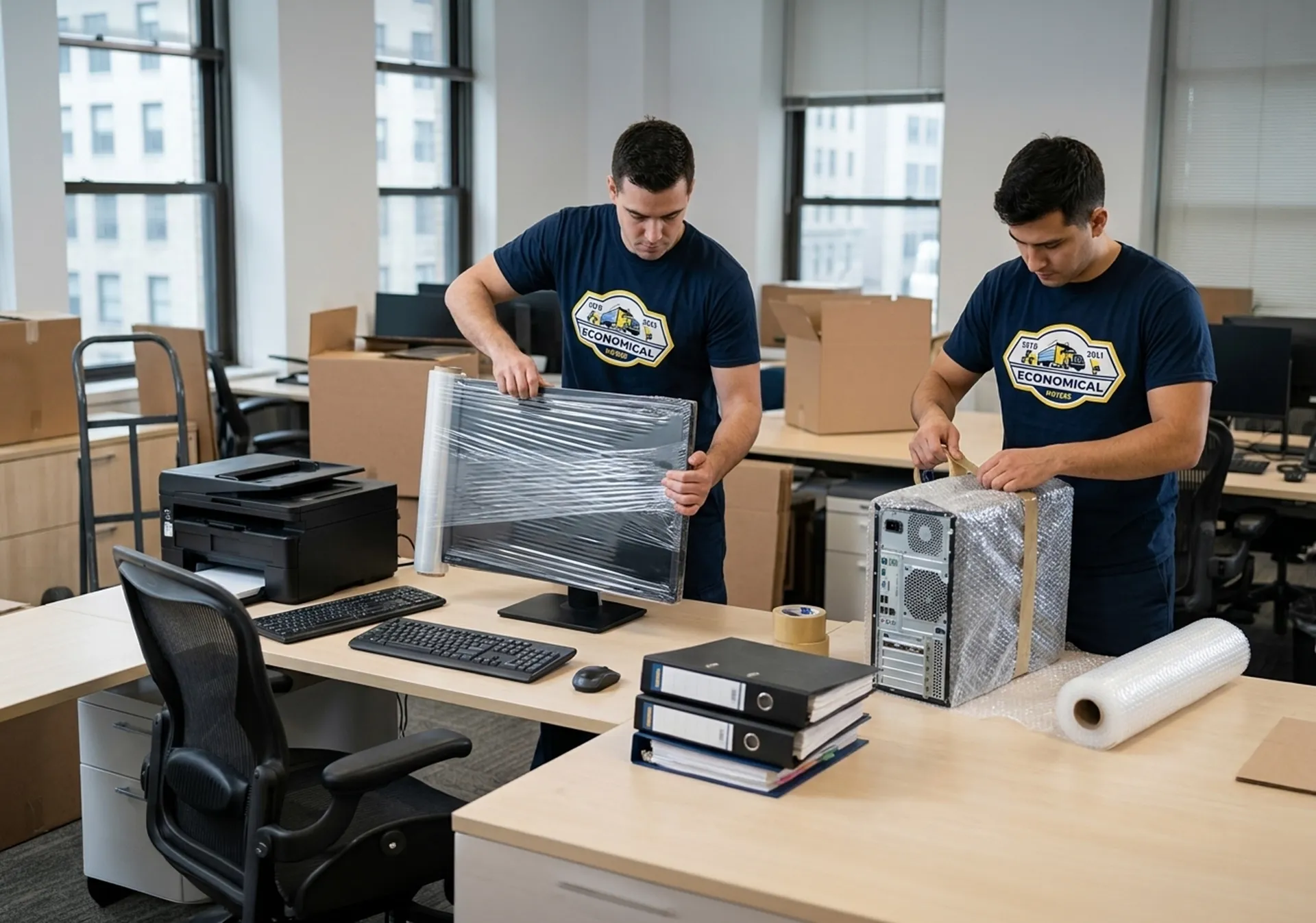Economical Movers team carefully wrapping office computers and monitors during a corporate office relocation.