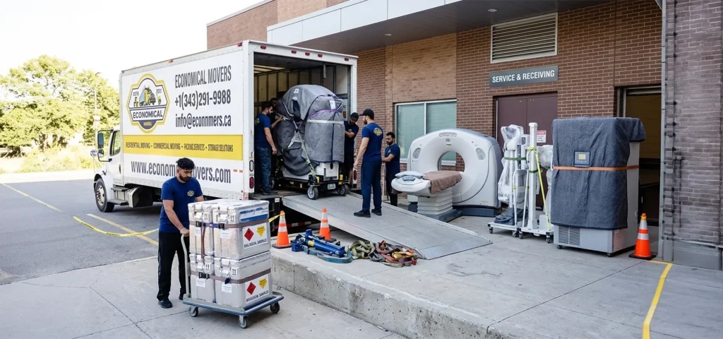 Medical equipment movers handling diagnostic machinery and specialized healthcare equipment outside a facility.