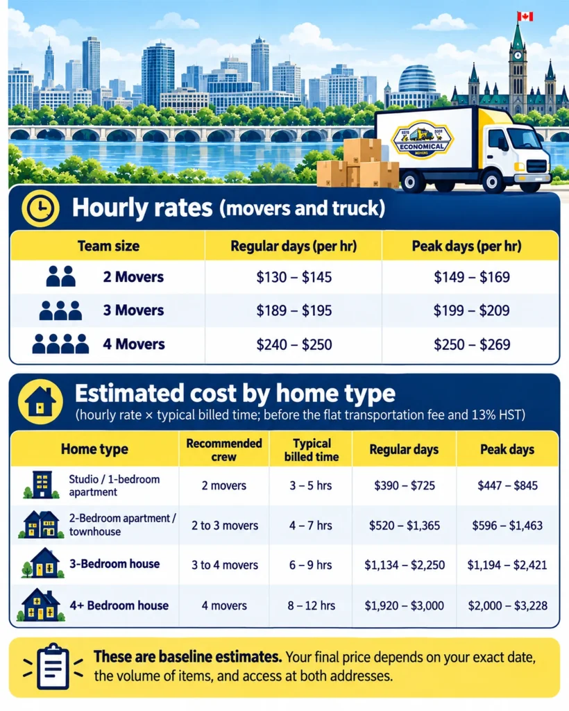 Infographic showing Economical Movers' hourly rates by crew size and estimated moving costs for apartments, townhouses and houses, with regular and peak-day pricing.