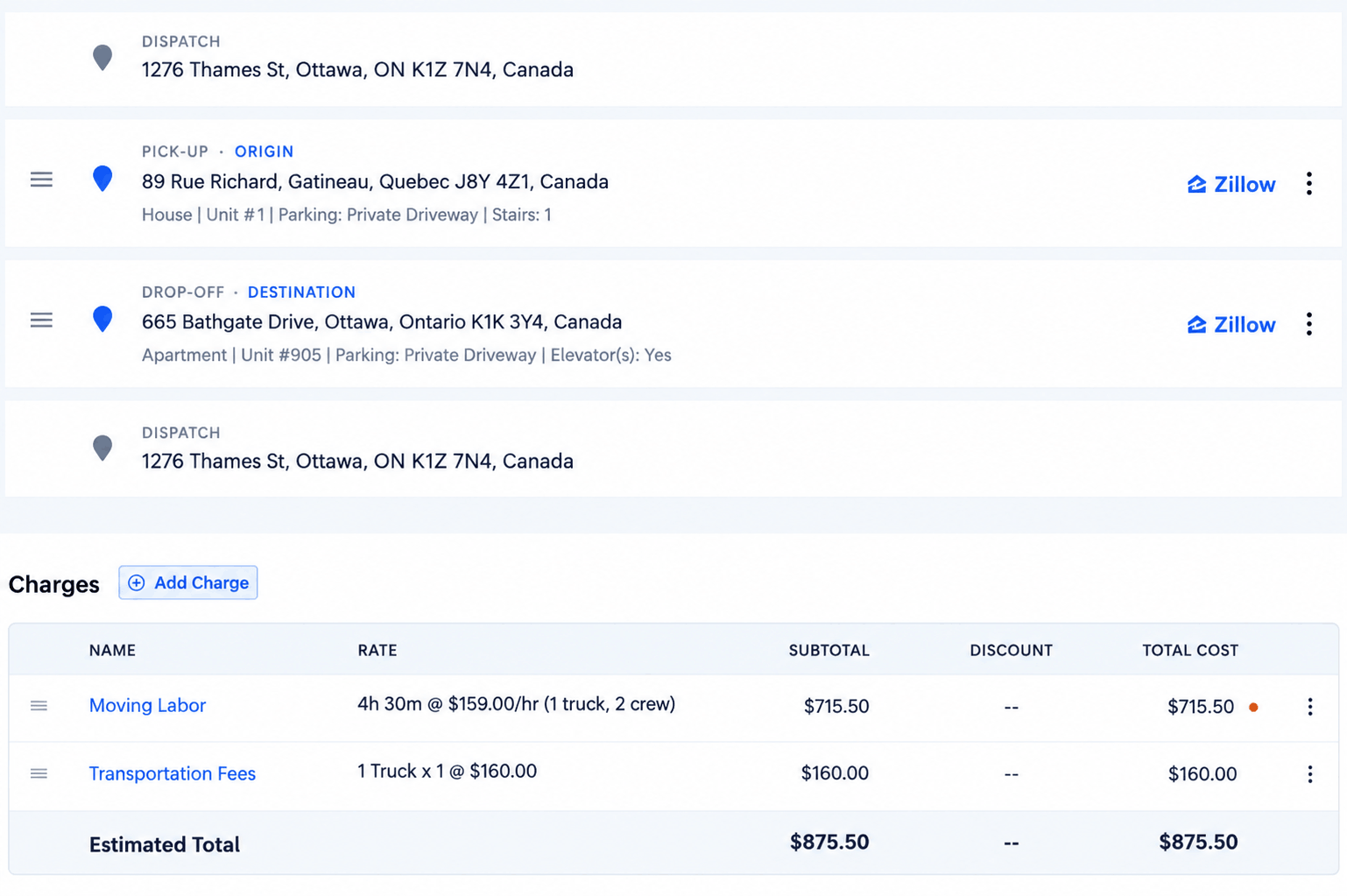 Image show the real data of Gatineau to Ottawa move for 1 truck and 2 movers.